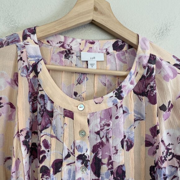 J Jill Womens XL Purple Floral Pleated Button Front Tunic Top Bell Sleeve Blouse - Picture 9 of 13